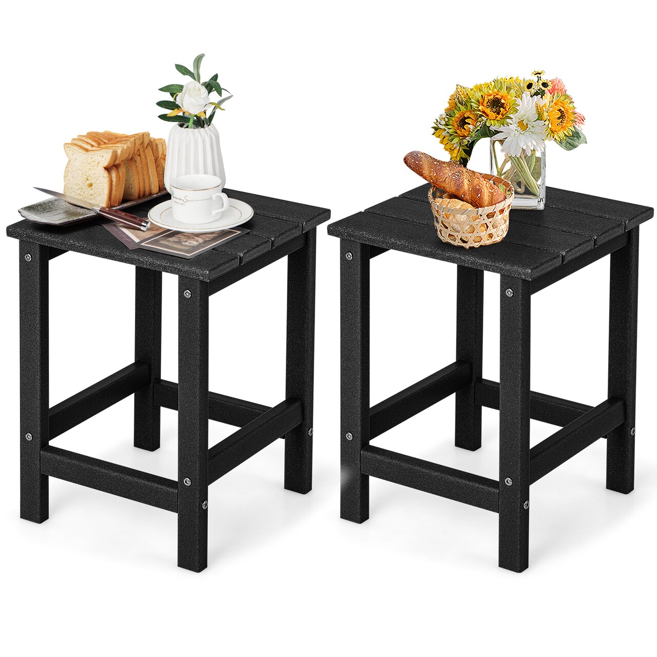 Set of 2 Small Square Patio Side Table in Black All-Weather HDPE Table for Garden or Backyard Use